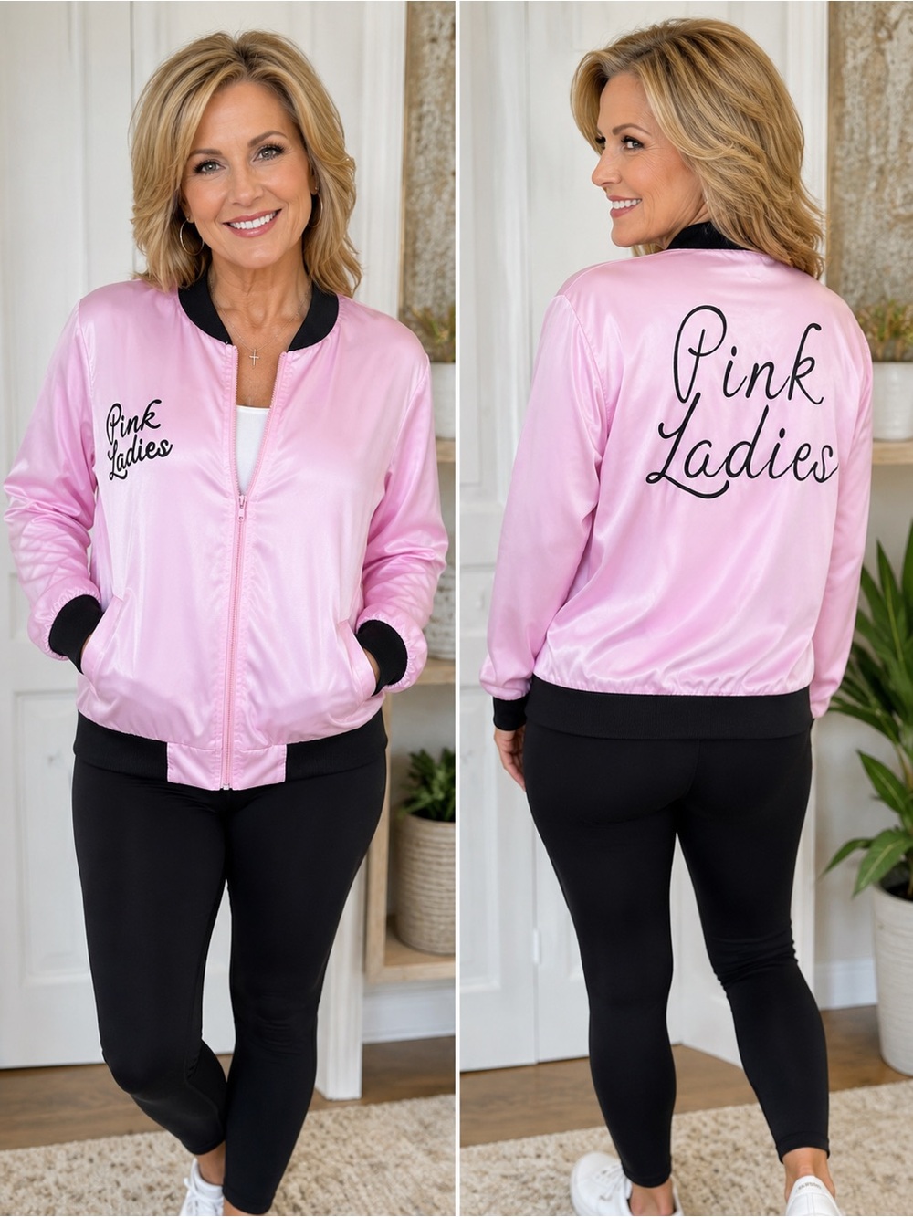 Pink Ladies Satin Bomber Jacket Grease Inspired Retro Costume Lightweight Pink